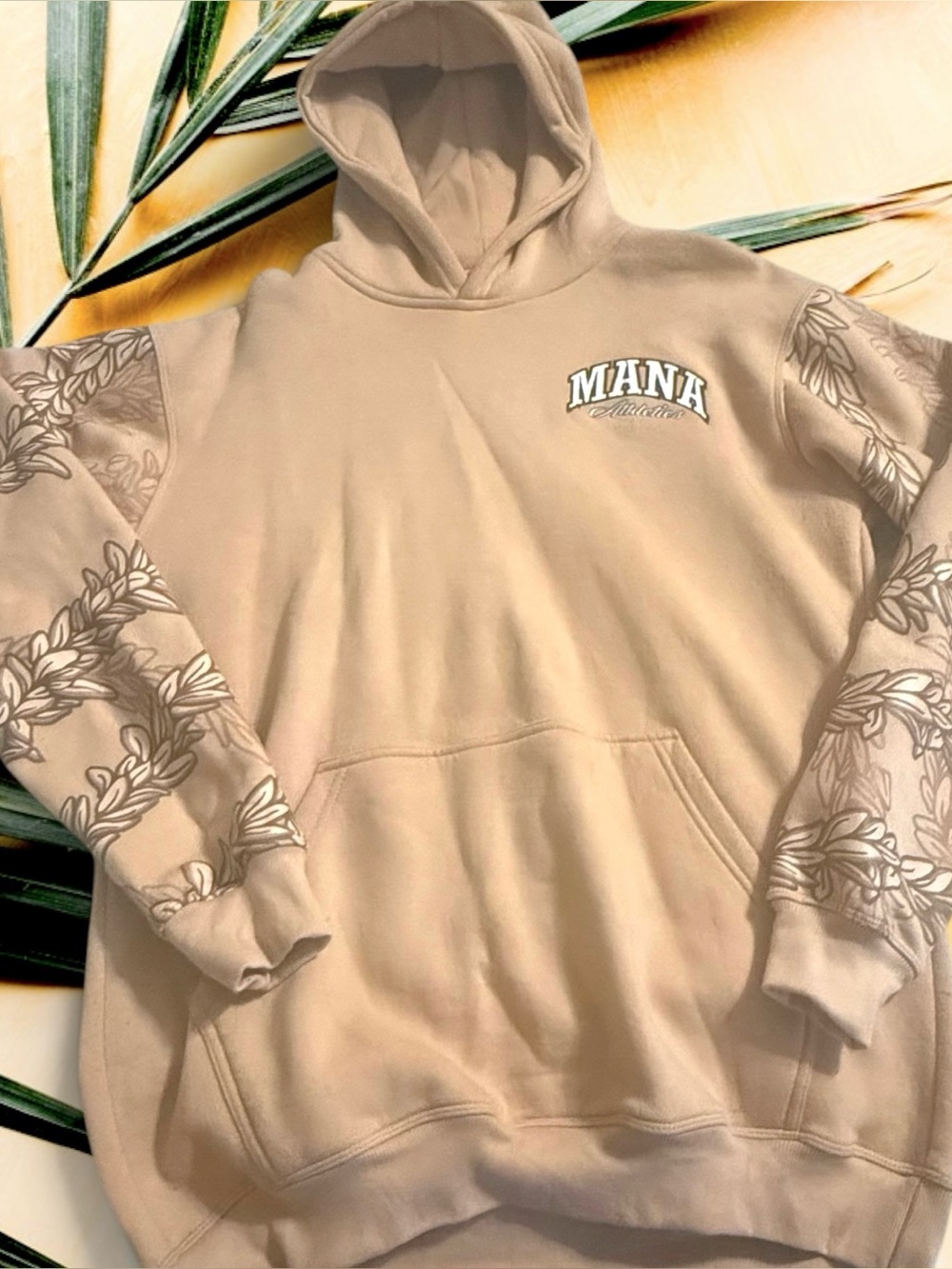 Mana Athletic Unisex Tan Hoodie with Maile Sleeve Detail - L
